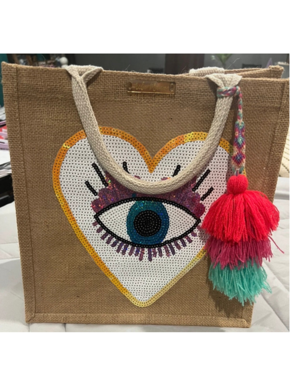Evil Eye Jute Tote Bag Boho Beach Market Bag with Tassel 11.5x11.5x7.5 - Picture 2 of 5